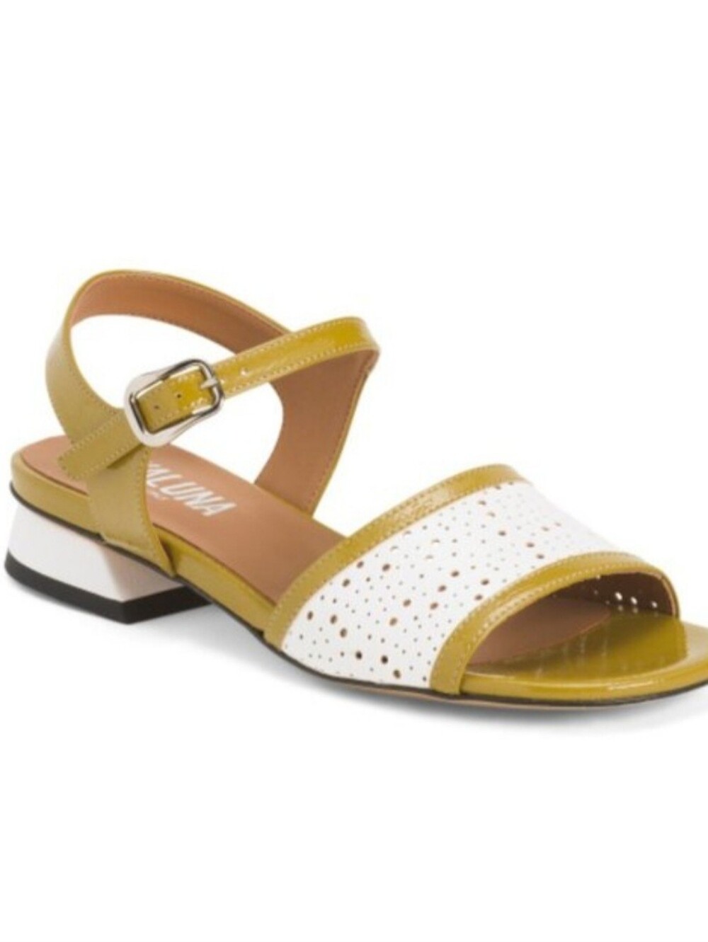 EVALUNA Two-Tone Perforated Vegan Leather Low Heel Sandal - White & Olive Green